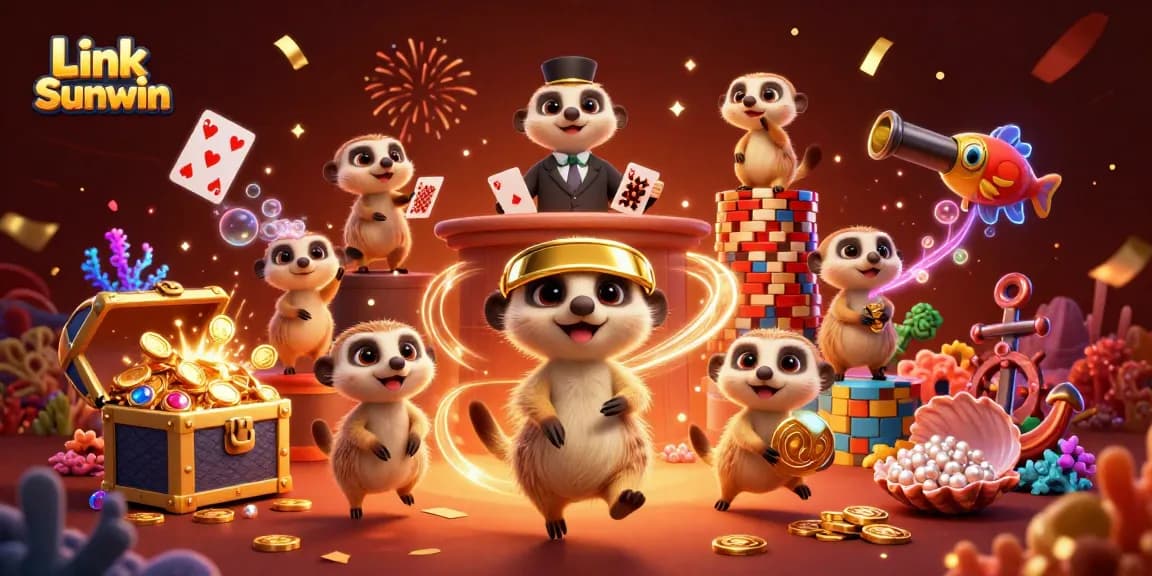 Enjoy thrilling gameplay with Link Sunwin in a vibrant, dynamic casino scene featuring meerkats and colorful treasures.