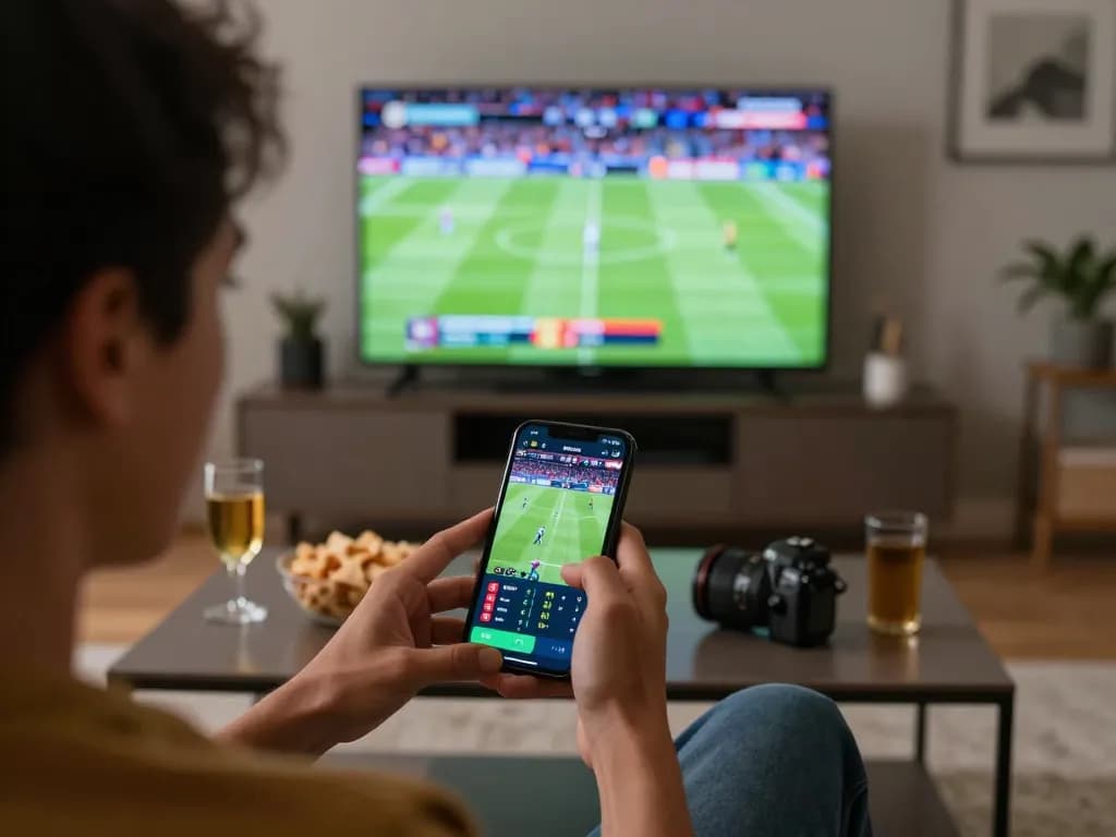 Muraibet user placing dynamic bets on a smartphone during an exciting sports event in a cozy living room.