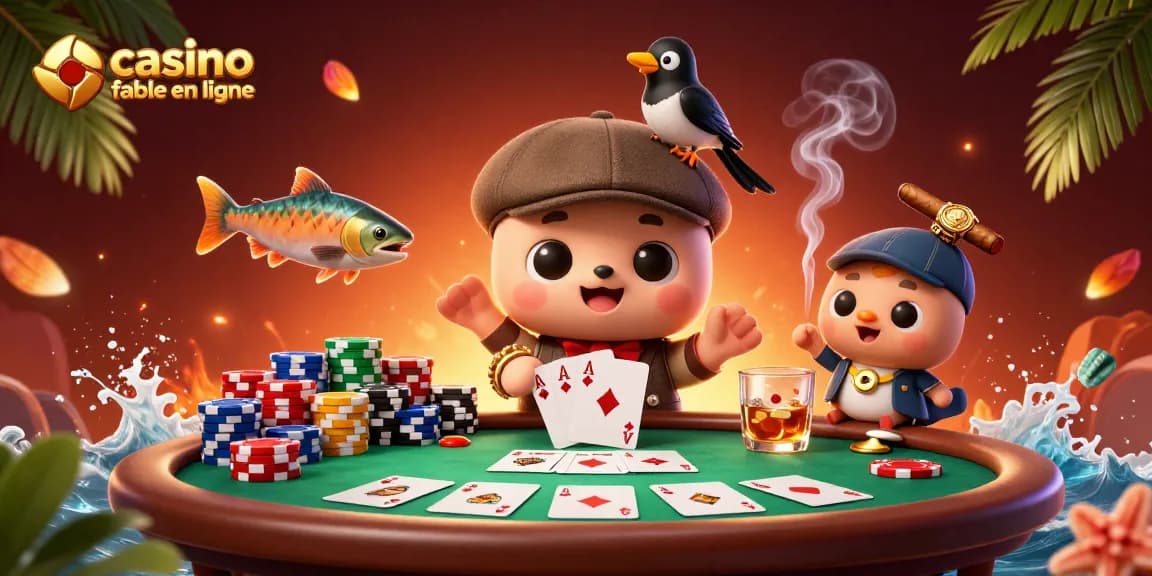 Jouez dans un casino fiable en ligne avec des personnages colorés et des éléments de poker.