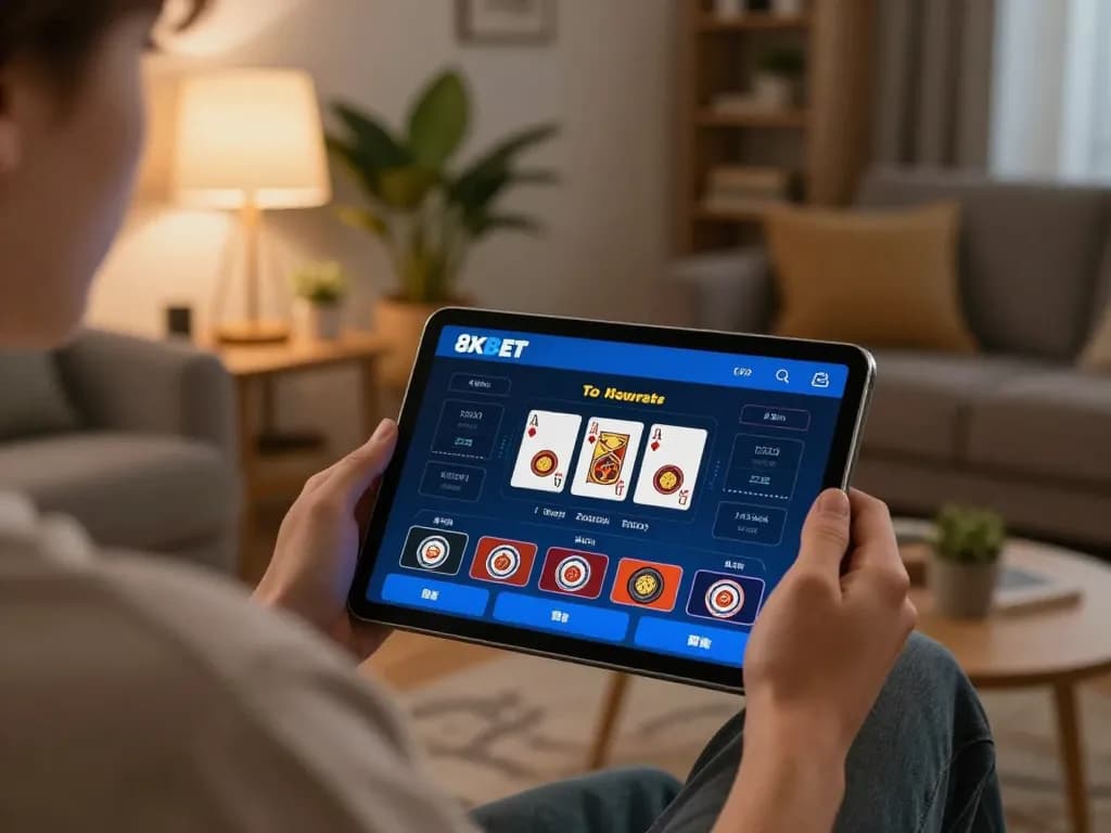 Engaging with the 8xbet app during an enjoyable online poker game at home, showcasing modern gaming setup.
