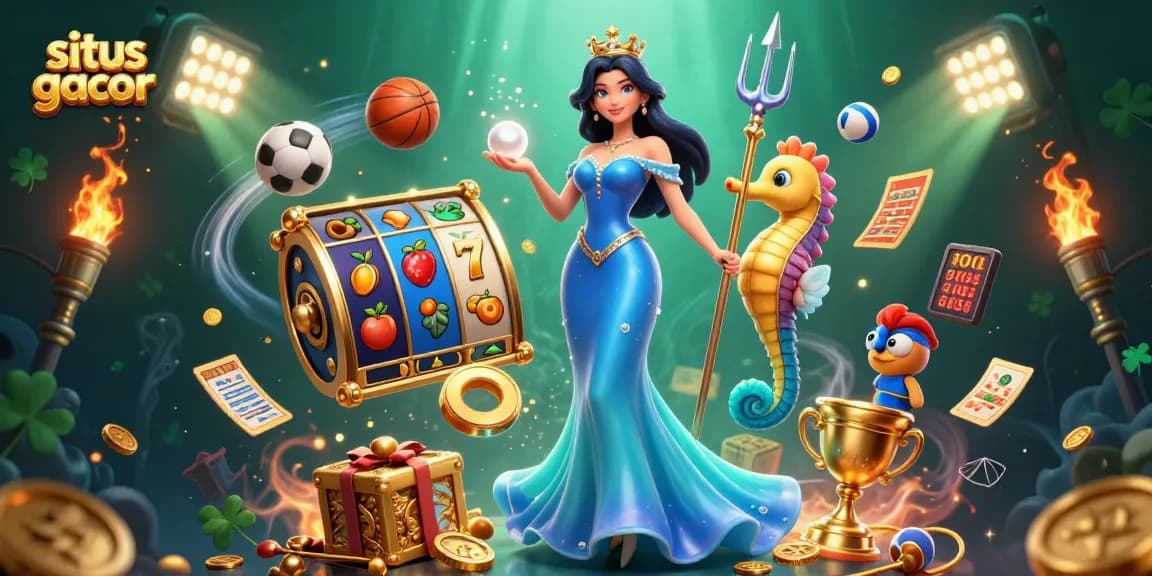 Experience the thrill of situs gacor with a stunning illustration of a woman, seahorse king, and casino elements.