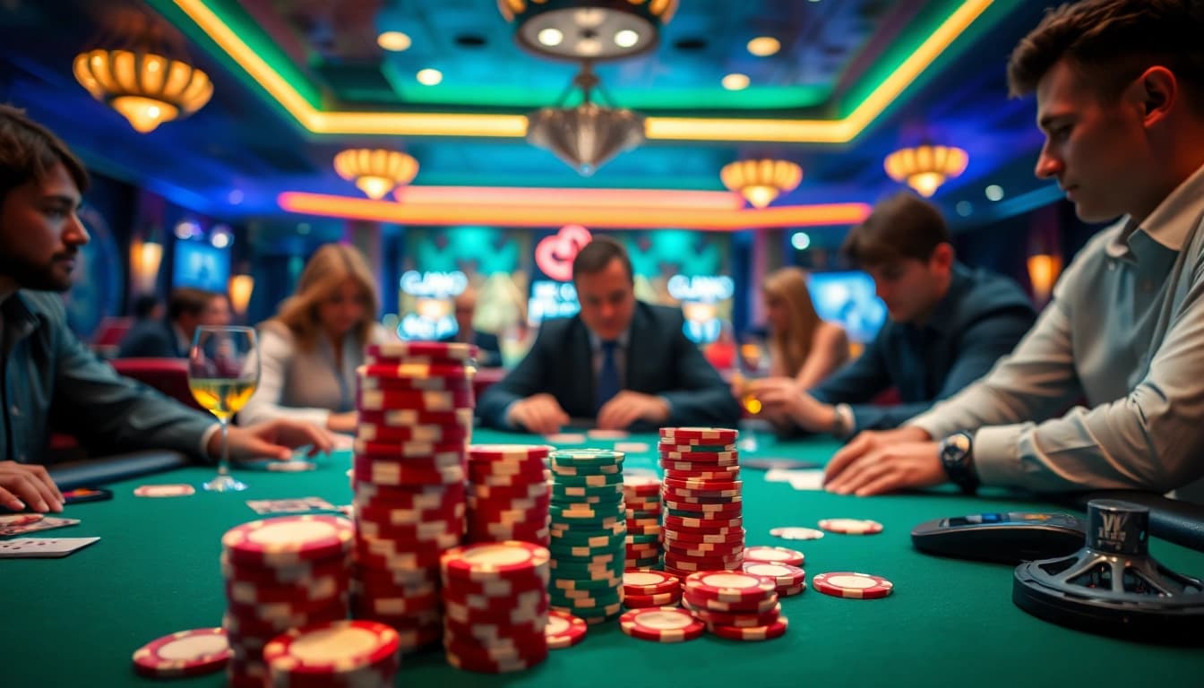 Permainan poker oja89 di kasino dengan pemain fokus dan suasana ceria.