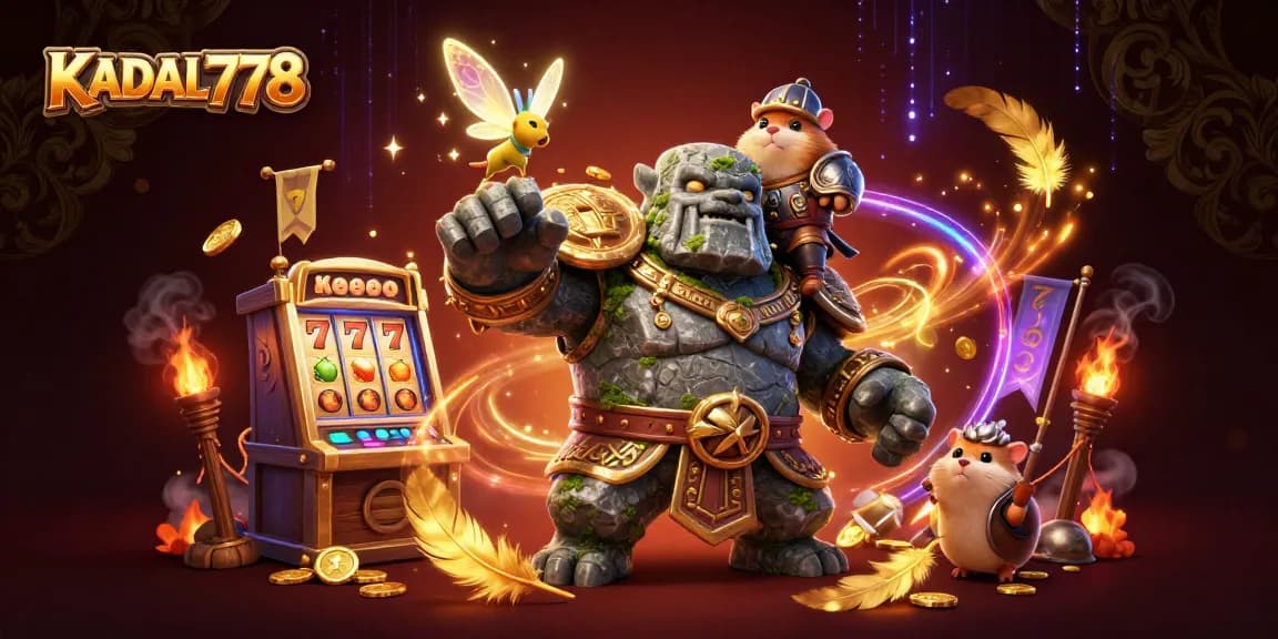 KADAL778 offers an engaging online casino experience featuring a golem guardian and a brave hamster knight amidst dazzling slot elements.