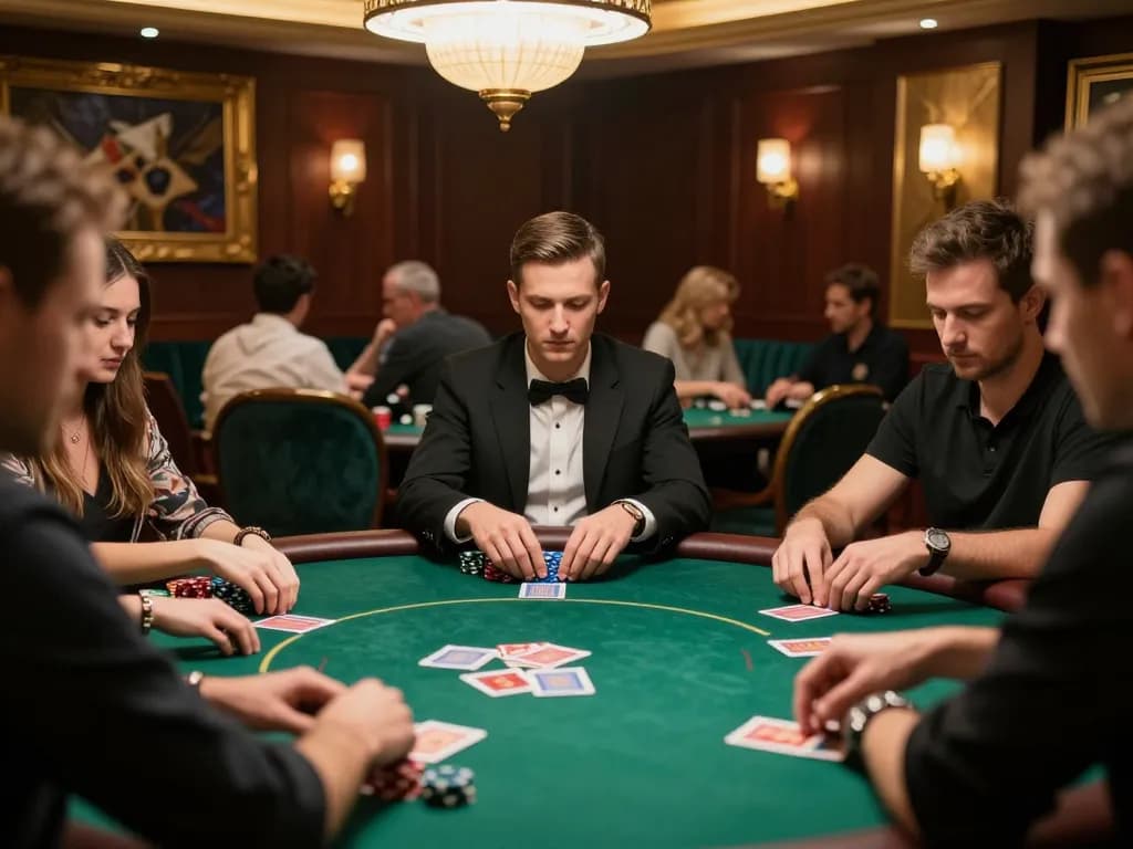 DH88 poker room scene showcasing high-stakes gameplay with professional players and luxurious decor.