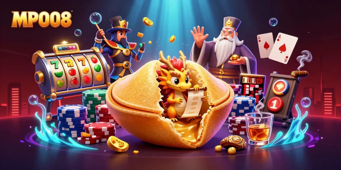 MPO08 entertains with dynamic slot reels, a golden fortune cookie, and characters in an exciting 3D casino scene