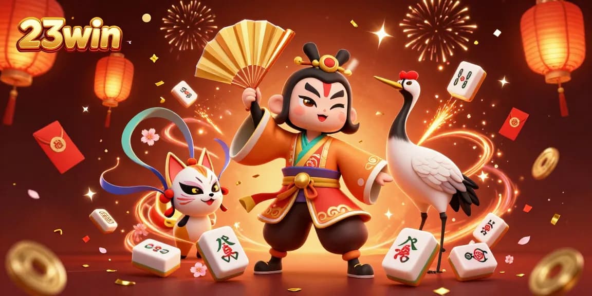 Experience the excitement of 23win with vibrant 3D casino elements and festive characters.