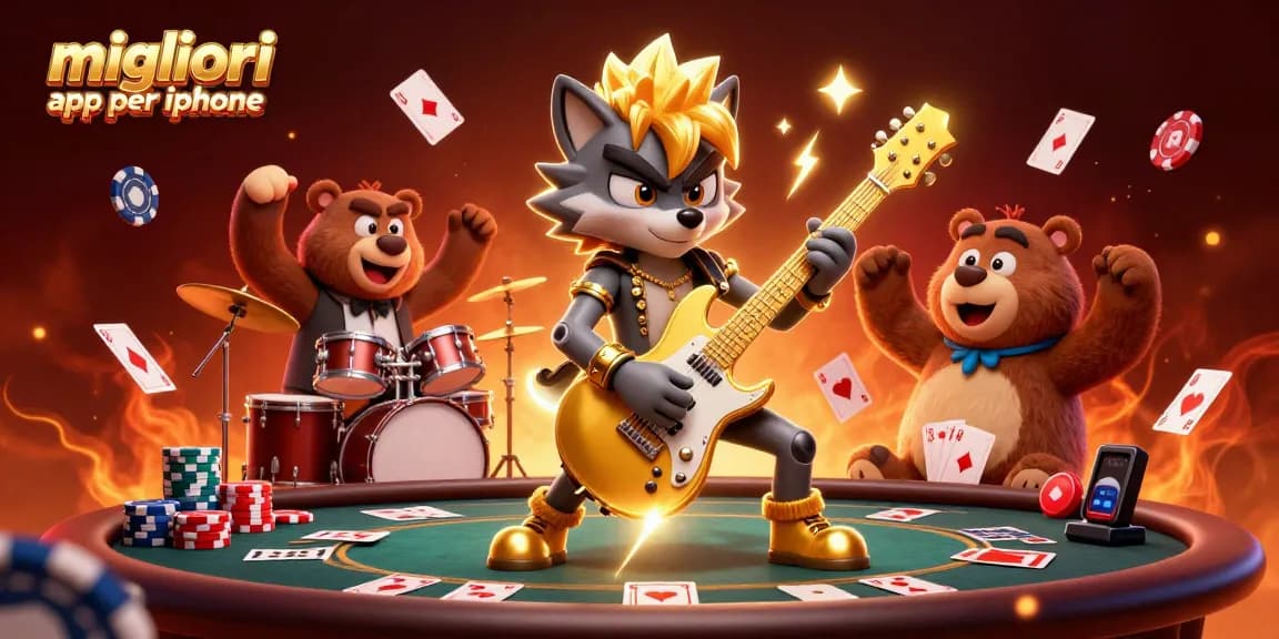 Giocare con le migliori app poker per iPhone, mentre un lupo rockstar suona una chitarra a forma di spada d'oro al tavolo da poker.