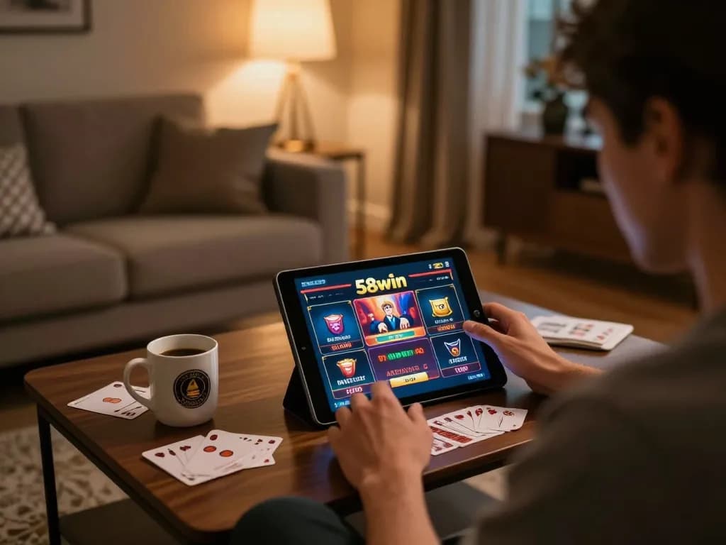 Person playing games on a tablet at home using 58wiin for an engaging online casino experience.
