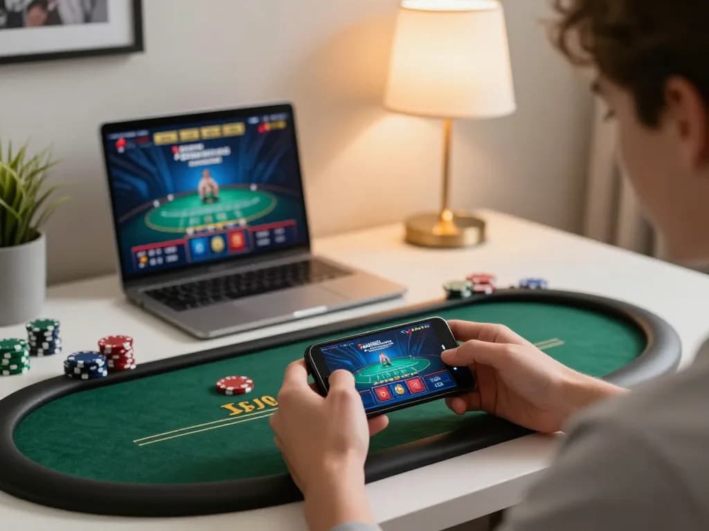 Player enjoying a live dealer poker game on 888top mobile app with a cozy home setup.