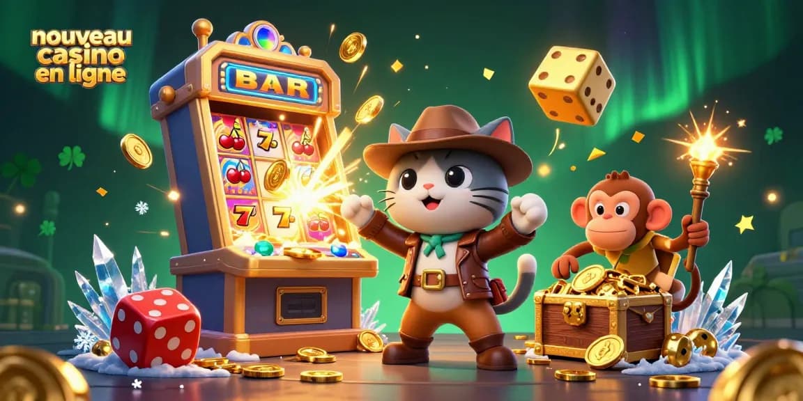 Créez une expérience immersive avec une illustration vibrante mettant en avant un nouveau casino en ligne, avec un chat explorateur et des trésors.