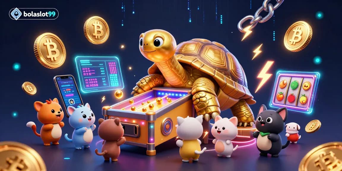 Experience the excitement of bolaslot99 with a stunning 3D scene of a golden tortoise pinball machine bursting with crypto elements.