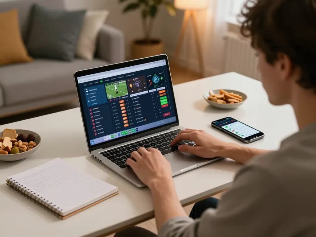 Engaging in sun win sports betting at home with live odds displayed on laptop and smartphone.