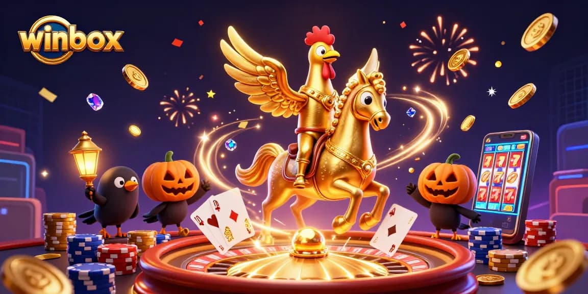Winbox fantasy scene with a golden rooster riding a spectral horse amidst casino excitement.