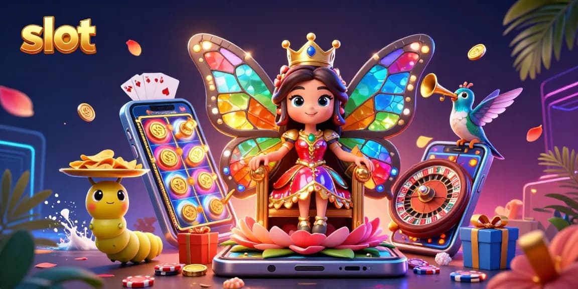 Mainkan slot penuh warna dengan ilustrasi ratu kupu-kupu dan elemen kasino menarik lainnya.