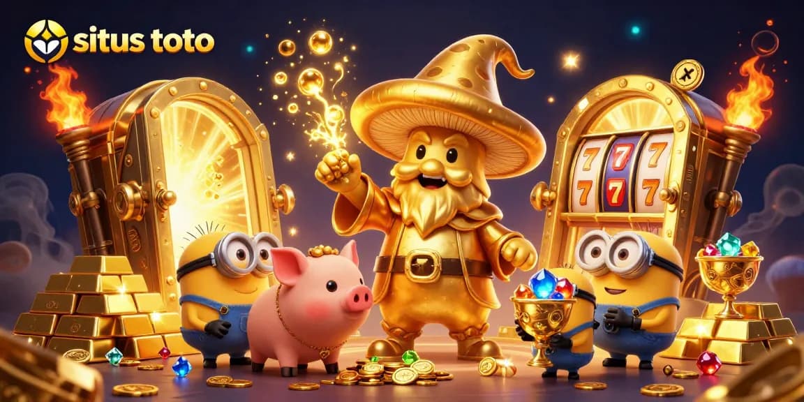 Engage with situs toto through vibrant 3D illustration showcasing a magical casino realm filled with treasures and slot games.