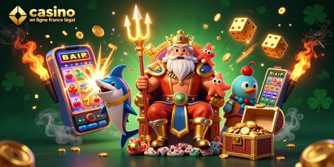Jouez sur un casino en ligne France légal avec cette illustration captivante de Neptune entouré de richesses.