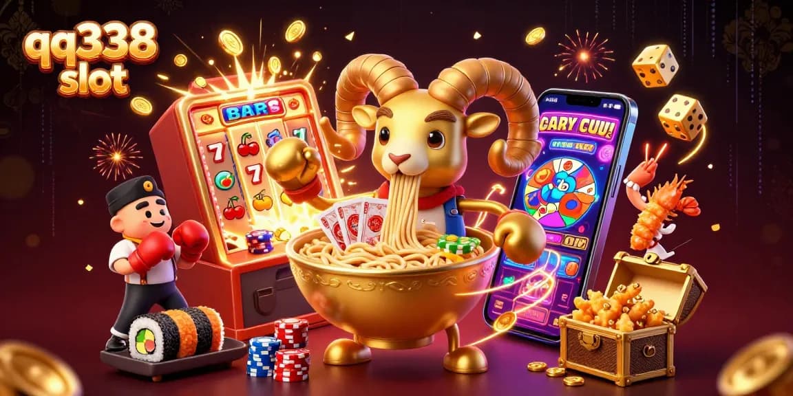 Engage with qq338 slot through a vibrant and dynamic 3D illustration showcasing a golden ramen bowl and casino elements.