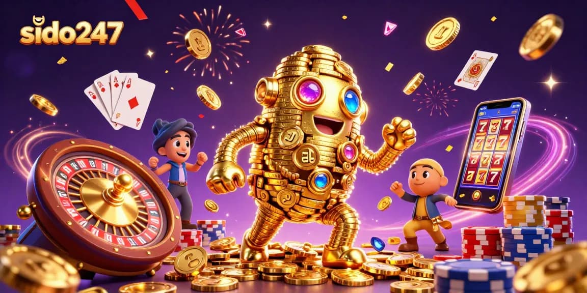Win big with sido247 in this lively casino scene featuring gold coins, cards, and roulette wheel.