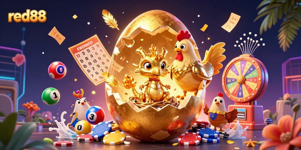 Experience the vibrant energy of red88 as a golden dragon emerges from a cracking egg amidst casino fun!