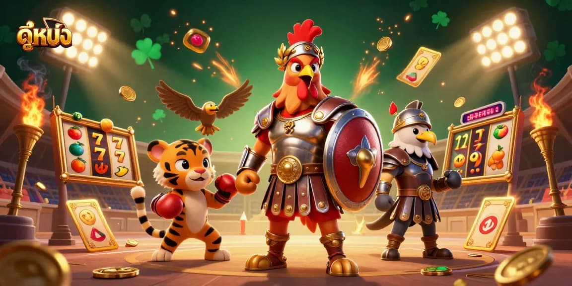 Engaging ดูหนัง scene showcasing a gladiator rooster amidst slot reels and vibrant casino elements.