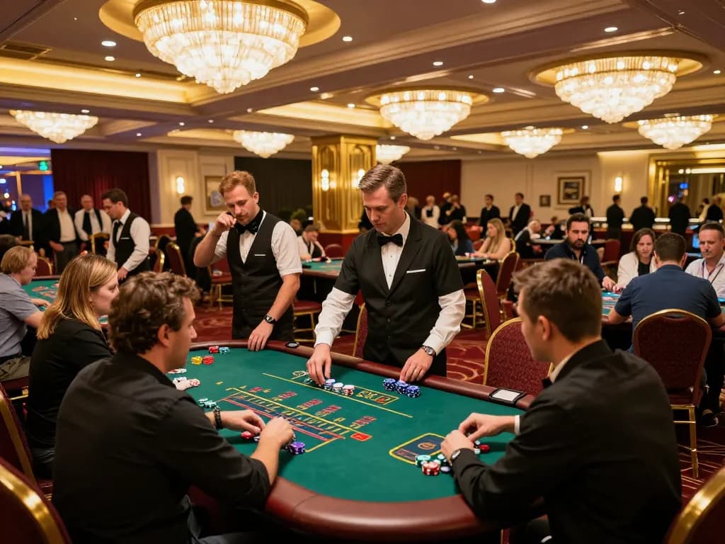 Experience ALO8 action on the bustling casino floor with players engaging in blackjack strategy amid vibrant decor