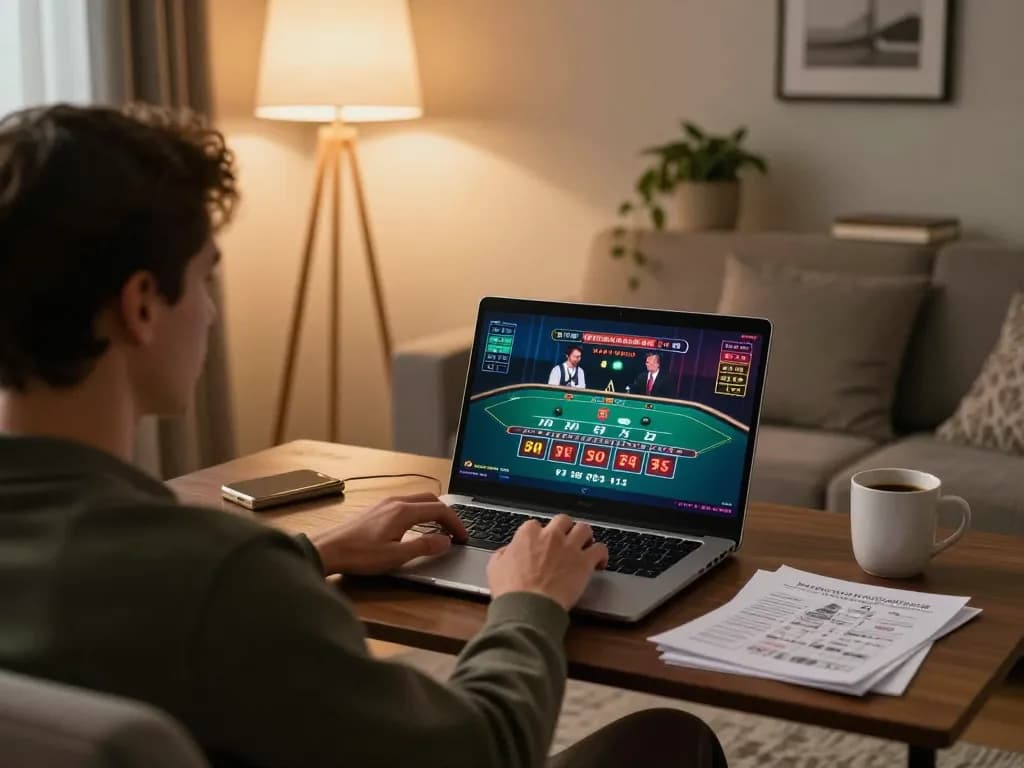 mm88 player engaging in live dealer gaming at home shows strategic gameplay in relaxed atmosphere