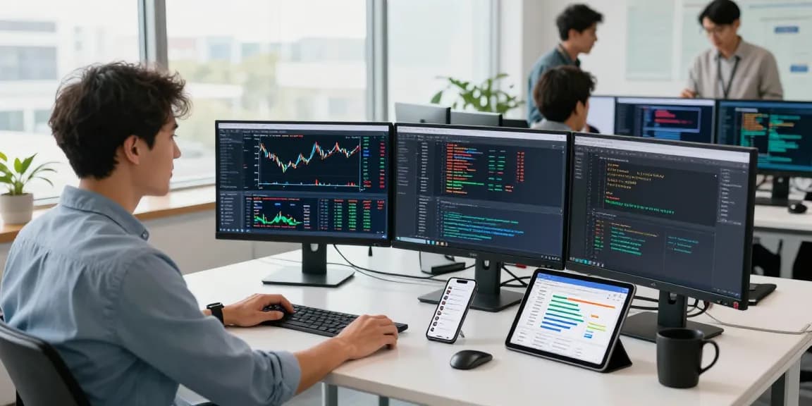 Developer using Germany stock real-time API on multiple screens in a bright workspace with collaborators in the background.