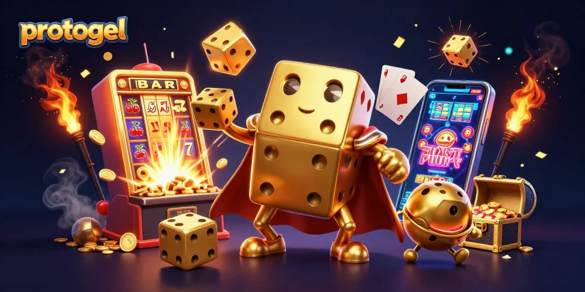 Experience winning thrills with protogel in this vibrant 3D gambling scene featuring golden dice, slots, and jackpots.