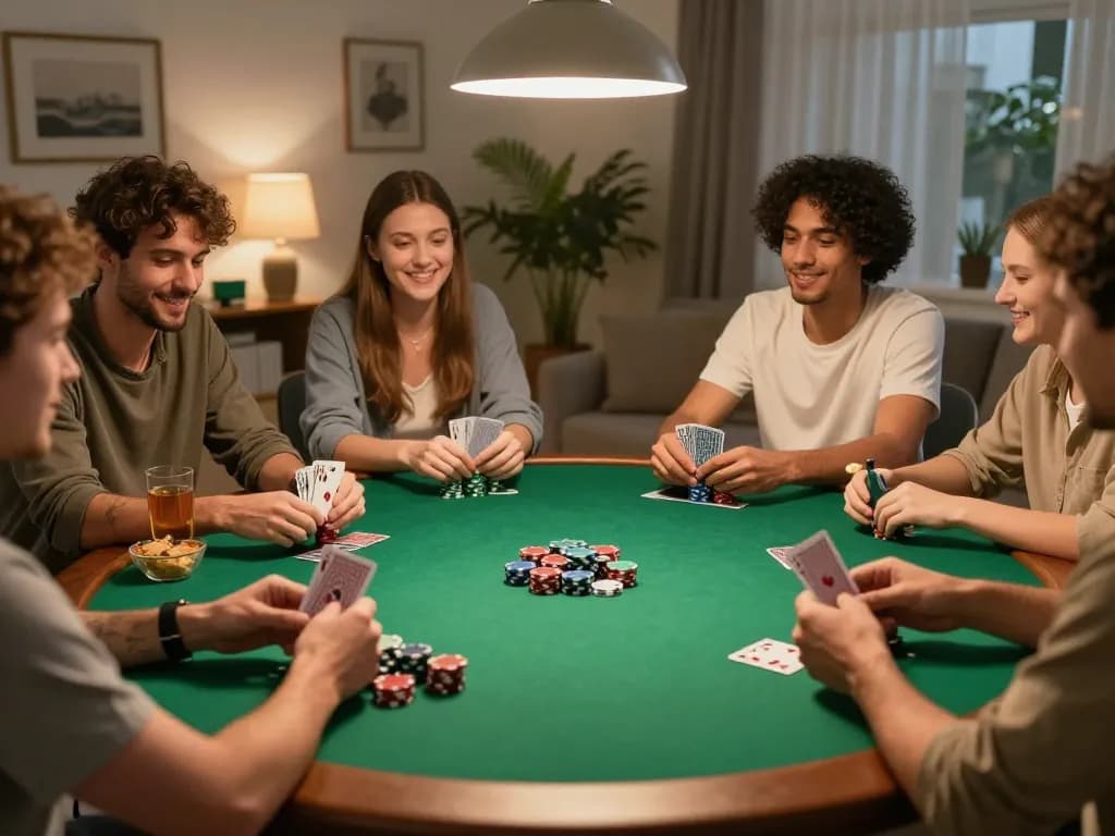 Friends enjoying a poker game night while using strategy notes, emphasizing responsible gambling with rokok.