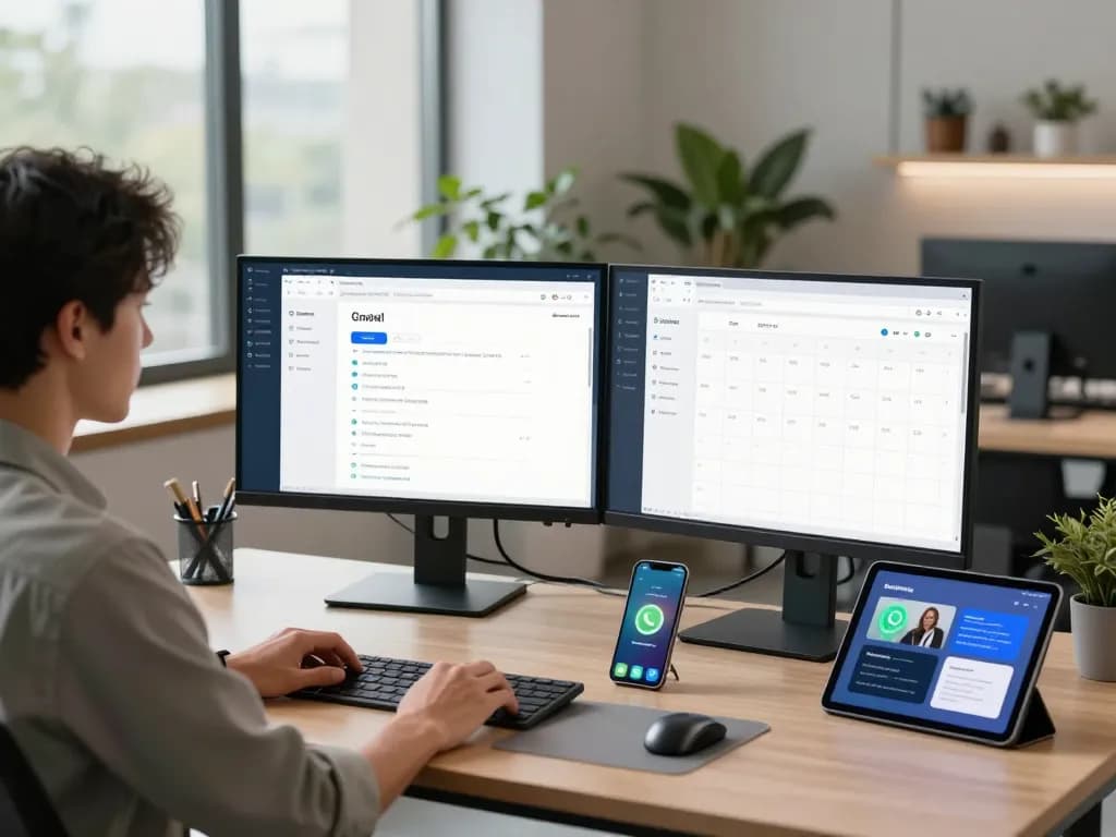 Engaging home office scene with user interacting with OpenClawd personal AI assistant on dual screens, showcasing productivity and tech innovation.