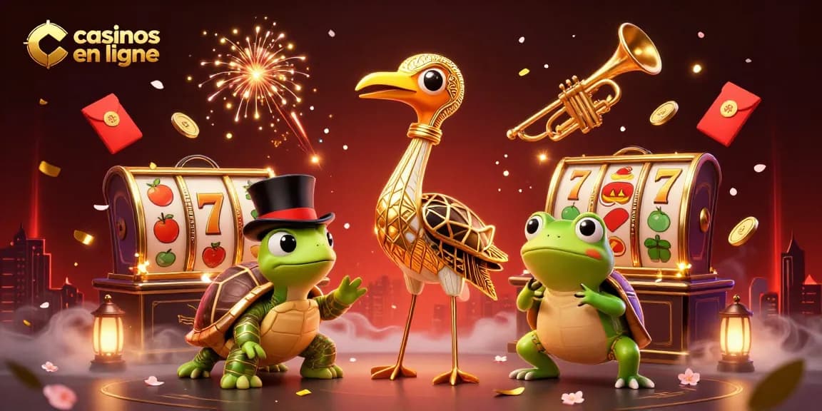 Plongez dans les casinos en ligne avec cette illustration riche en éléments et personnages animés.
