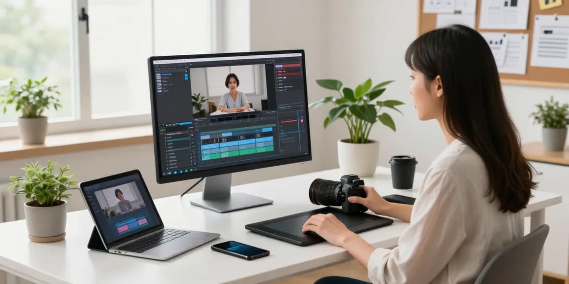 Content creator using AI video prompt technology in a modern workspace.