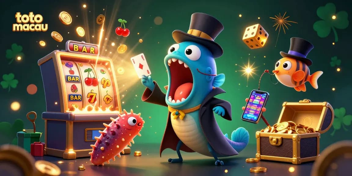 Experience thrilling wins on toto macau with vibrant slot games and engaging characters in this 3D illustration.