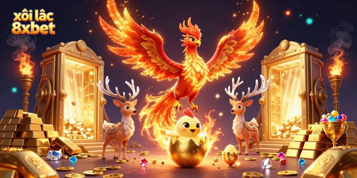 Experience thrilling gameplay with xôi lạc 8xbet, featuring a vibrant phoenix scene and golden treasures
