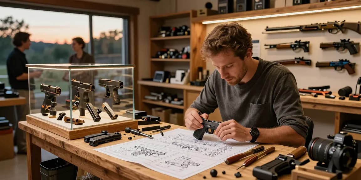 Gunsmith at https://precisionglockslides.com working on custom Glock slides in a workshop.