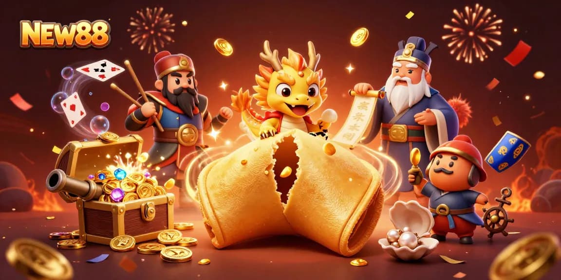 Engage in thrilling gameplay at NEW88 with a golden fortune cookie, treasure, and adventure!