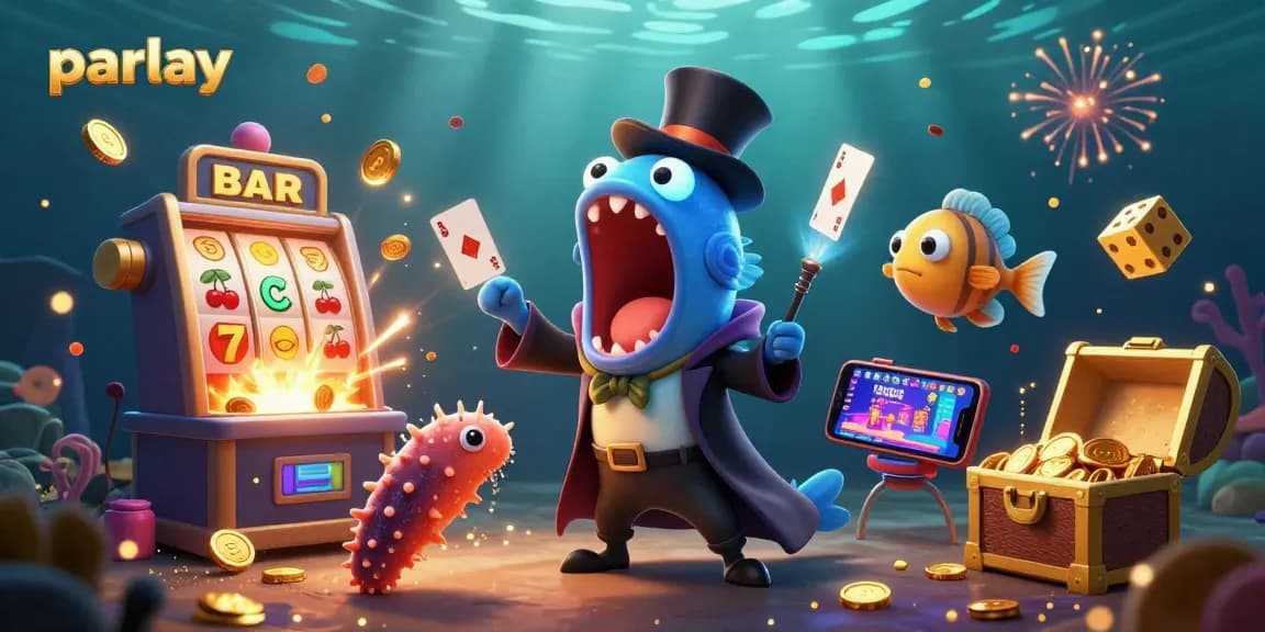 Parlay dan jackpot meledak di ilustrasi kasino bawah laut yang penuh warna dan detail.