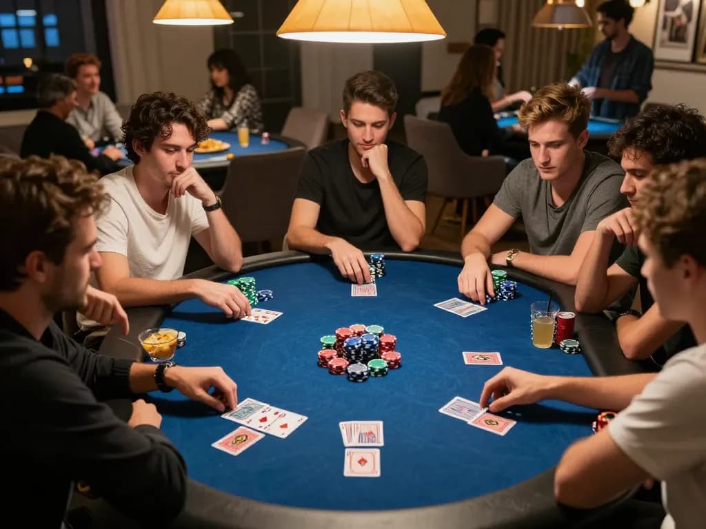 Players enjoying a thrilling poker night at home, showcasing strategic moves and camaraderie in rokok88 game.