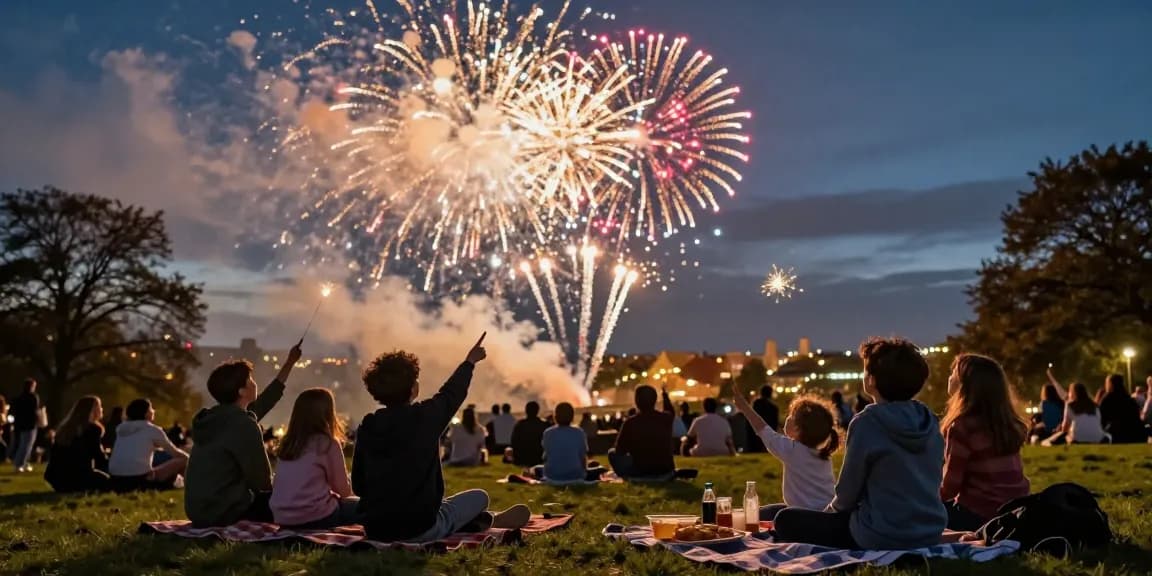 Exciting family gathering watching fireworks in the UK sky celebrating occasions.