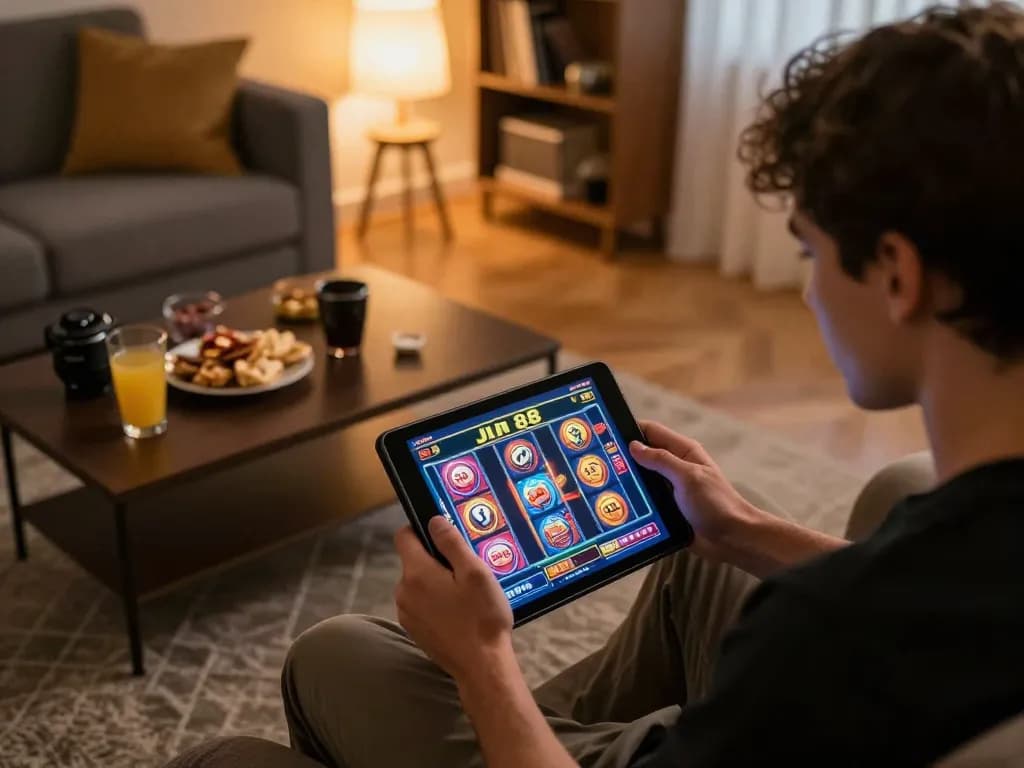Engaging online gambling session on Jun 88 with cozy home setup and colorful slot game on tablet.