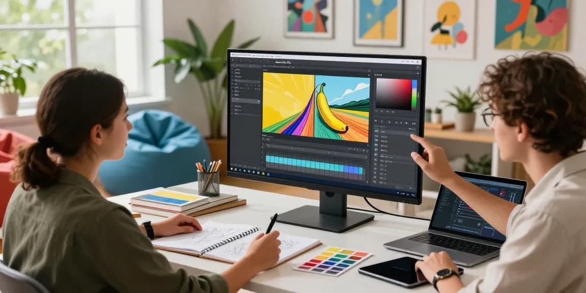 Designer using Nano Banana Pro in creative workspace with vibrant visuals