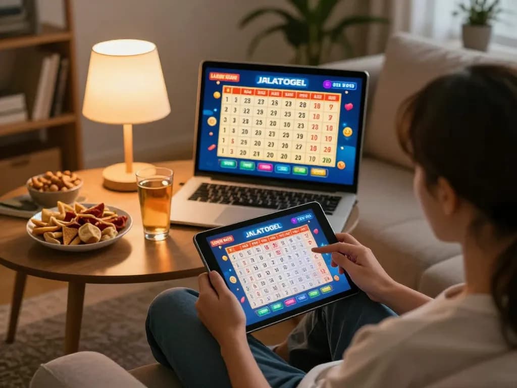 Pelacak pemain JALATOGEL melacak hasil lotere langsung di tablet dalam suasana rumah yang nyaman.