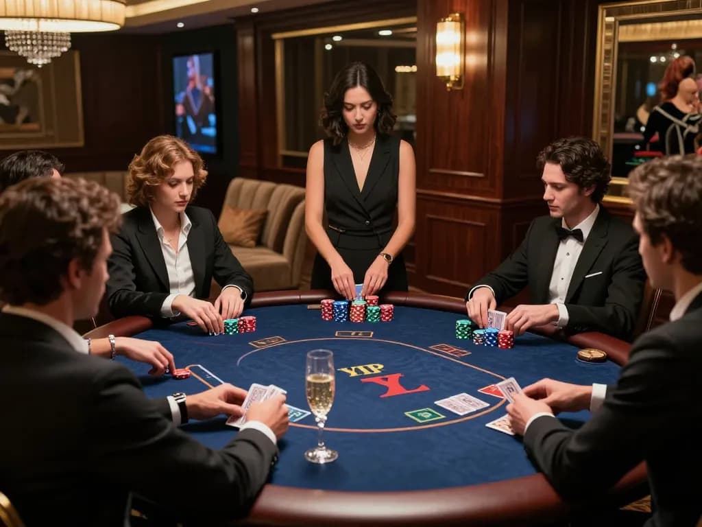 KJC poker players strategizing in a luxurious casino VIP area during high-stakes game.