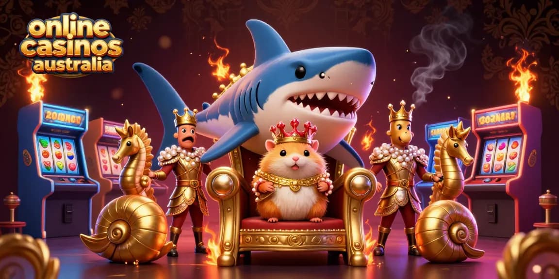 Experience thrilling action at online casinos Australia with a king atop a shark throne.