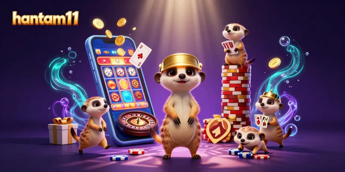 Experience excitement at hantam11 with energetic meerkats running a vibrant casino scene filled with games.