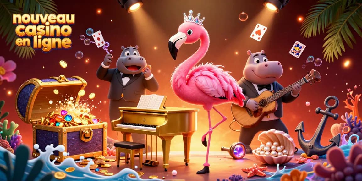 Immergez-vous dans le monde du nouveau casino en ligne avec une illustration de casino vibrante au style cartoon mettant en scène des personnages dynamiques.