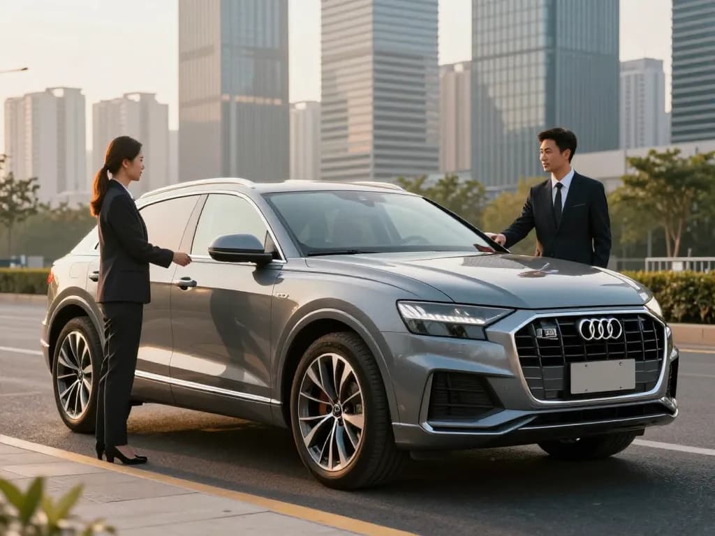 Trải nghiệm dịch vụ cho thuê xe ô tô hạng sang với cho thuê xe ô tô hạng sang như chiếc Audi Q8 thanh lịch trong bối cảnh đô thị tinh tế.