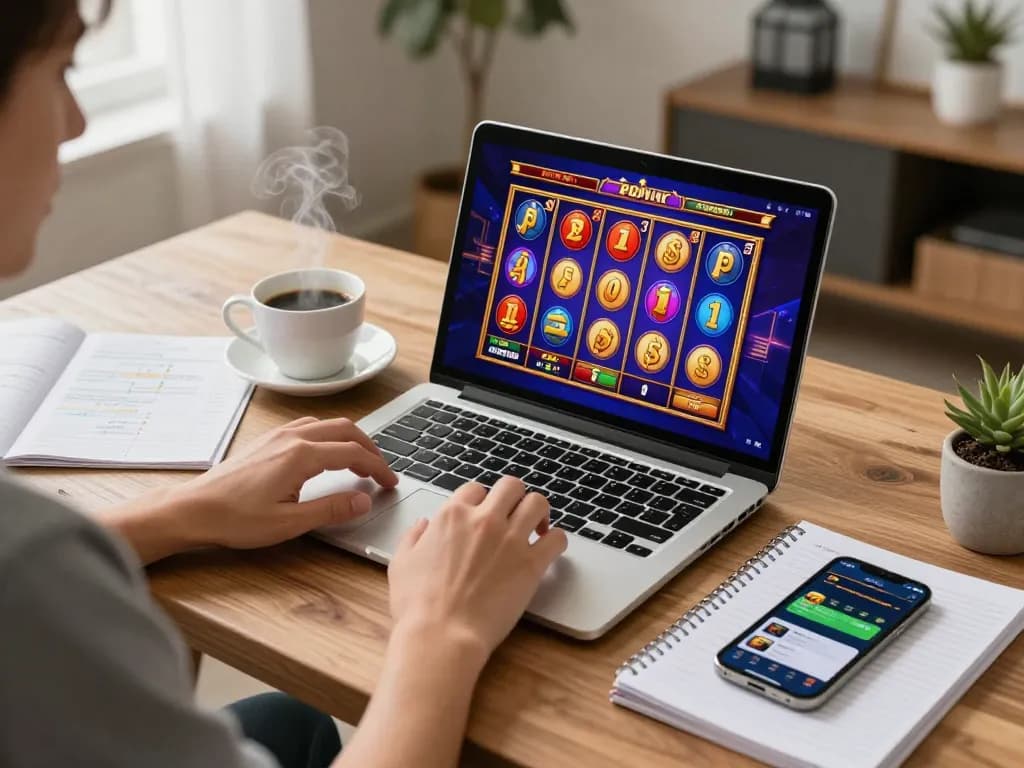 Player engaging in online slots at home, representing O8 gaming experience