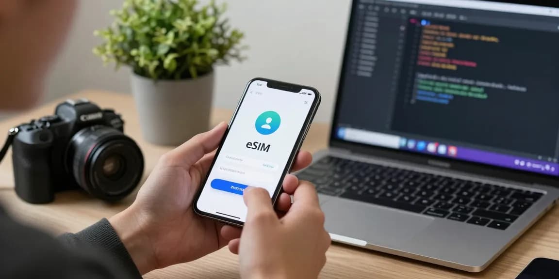 На экране смартфона показан процесс активации eSIM, отражающий разницу между eSIM и обычной SIM-картой.