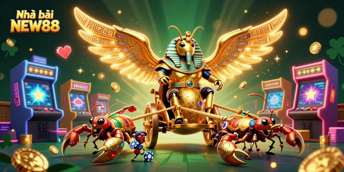 Engaging scene of Nhà cái NEW88 featuring a golden scarab beetle, scorpions, and vibrant casino-themed elements.